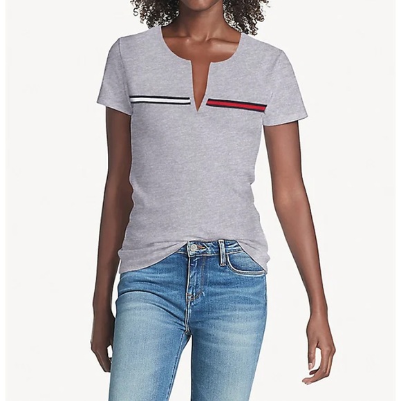 Tommy Hilfiger Tops - < Tommy Hilfiger Classic Grey Split Neck Tee >